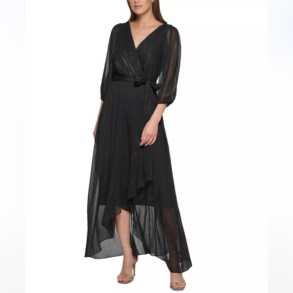 Women's V-Neck Shiny-Foil Faux-Wrap Gown